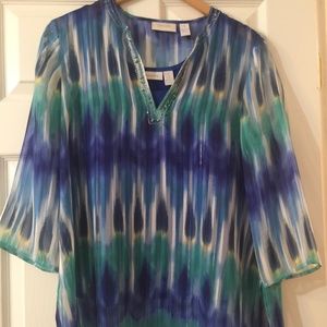 Chicos Sheer Watercolor Beaded Blouse & Tank Top